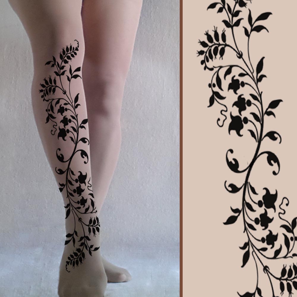 Large / Extra Large - Sexy Floral Swirl Tattoo Leggings - Size S / M / L / Xl Full Length - Nude